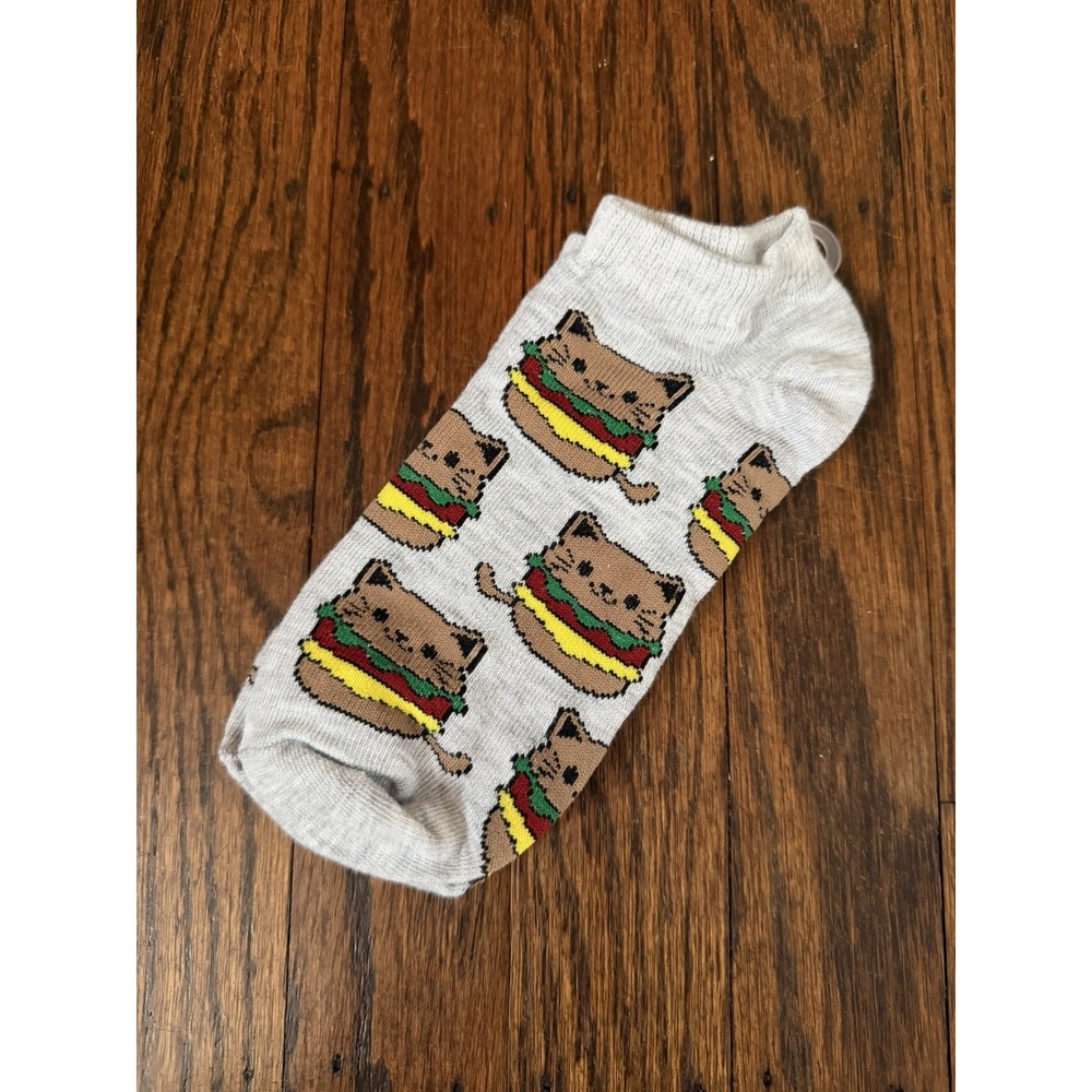 Women's Hello Socks! Gray Whimsical Kitty Hamburger Low Cut Socks Size 4-10 NWT